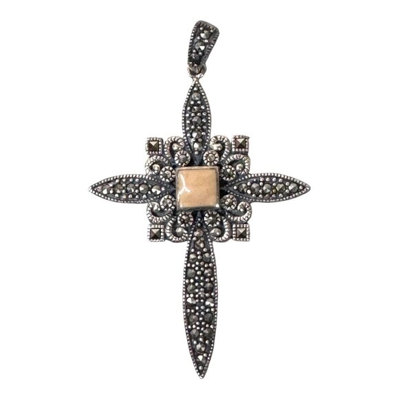 Sterling Silver NF 925 Cross Pendant Large Marcasite Rose Quartz Inlay Art Deco - Picture 1 of 6